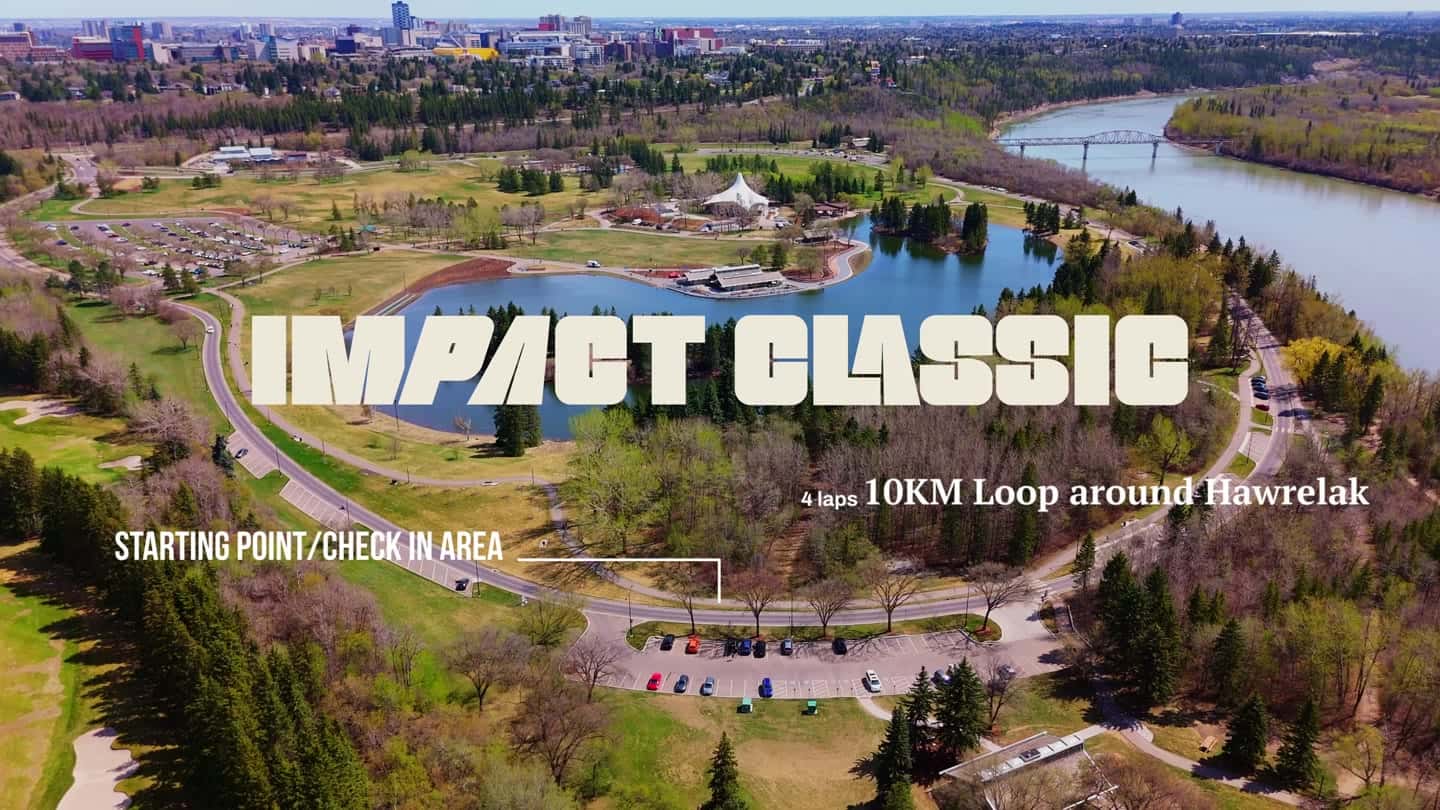 Aerial view of William Hawrelak Park in Edmonton with the Impact Classic logo