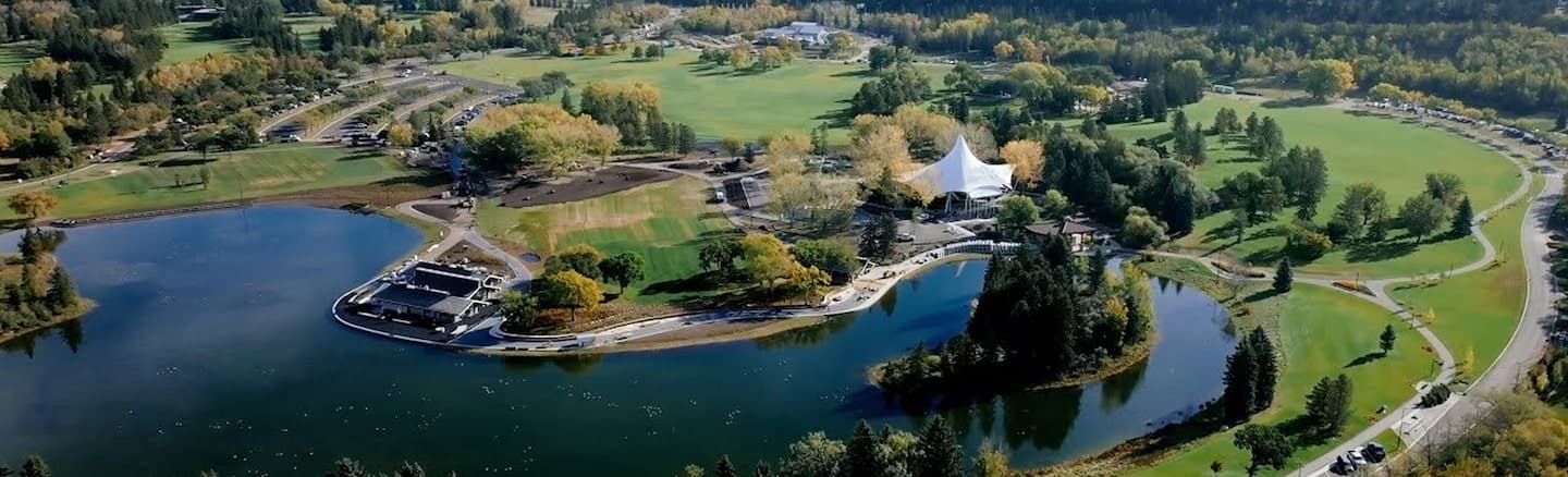 Aerial view of the lake and pavilion at William Hawrelak Park, Edmonton
